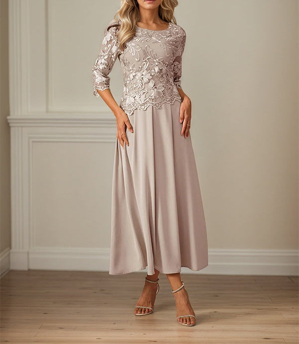 Crew Neck A Line Ruffle Ruched Lace Maxi Dress Mother Of The Bride Dress