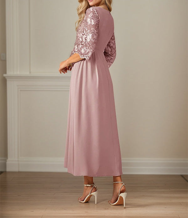 Crew Neck A Line Ruffle Ruched Lace Maxi Dress Mother Of The Bride Dress