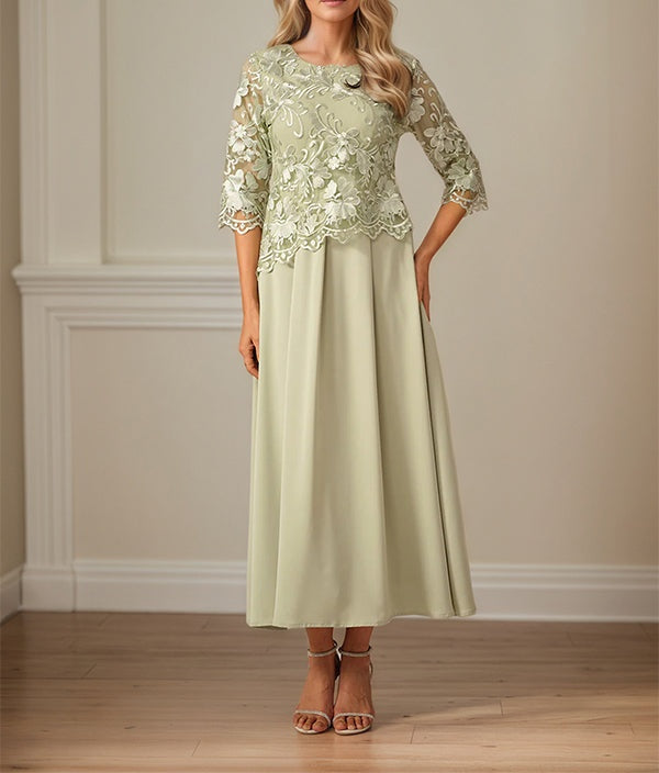 Crew Neck A Line Ruffle Ruched Lace Maxi Dress Mother Of The Bride Dress