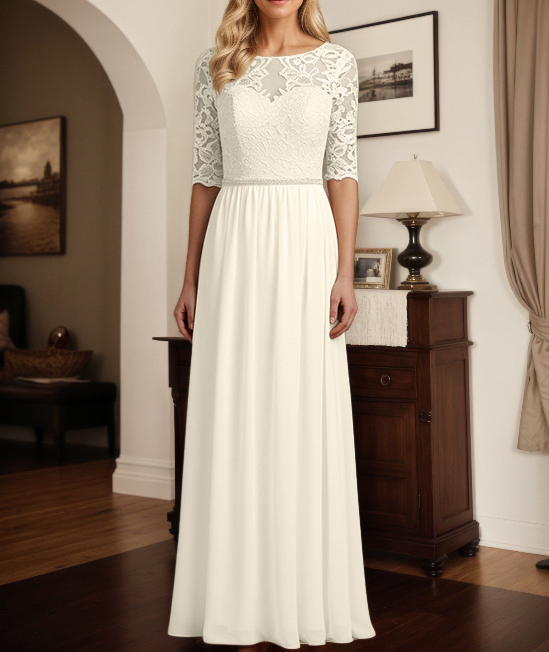 A-Line Scoop Neck 1/2 Sleeves Chiffon Mother Of The Bride Dresses With Appliques Lace