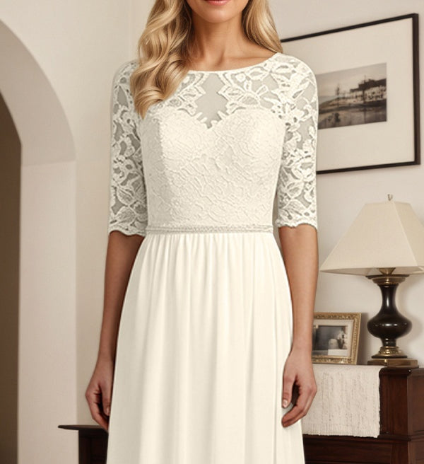A-Line Scoop Neck 1/2 Sleeves Chiffon Mother Of The Bride Dresses With Appliques Lace