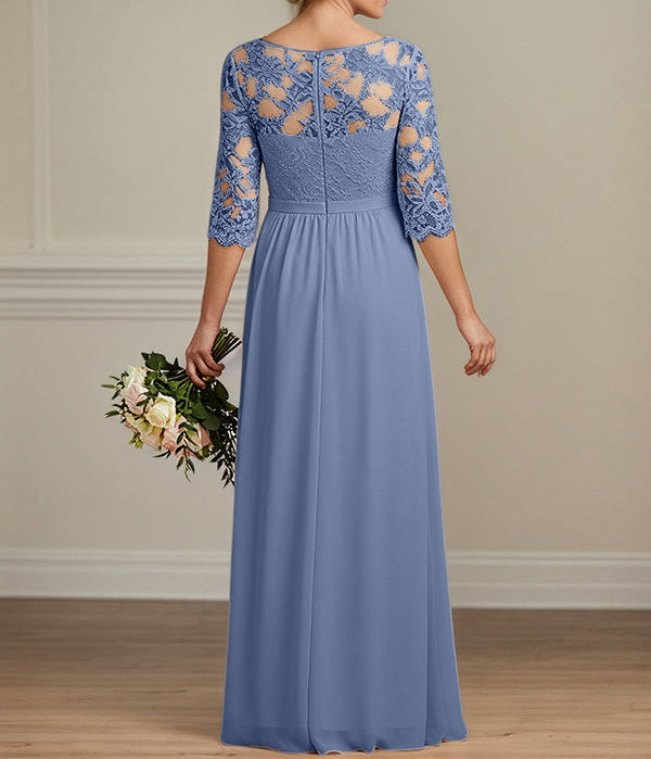 A-Line Illusion Neck 2/3 Sleeves Chiffon Mother Of The Bride Dresses With Appliques Lace