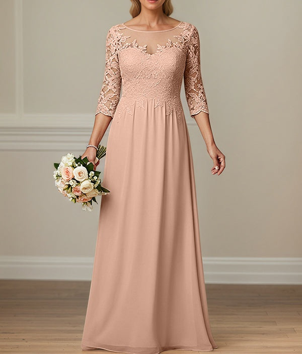 A-Line Illusion Neck 1/2 Sleeves Chiffon Mother Of The Bride Dresses With Appliques Lace