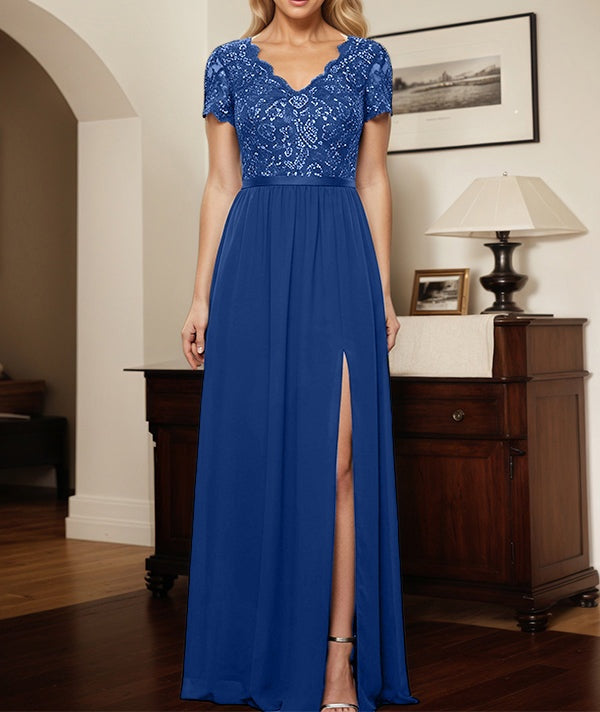 A-Line V-Neck Chiffon Appliques Sequins Mother Of The Bride Dress With Slit
