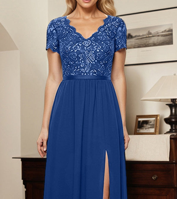 A-Line V-Neck Chiffon Appliques Sequins Mother Of The Bride Dress With Slit
