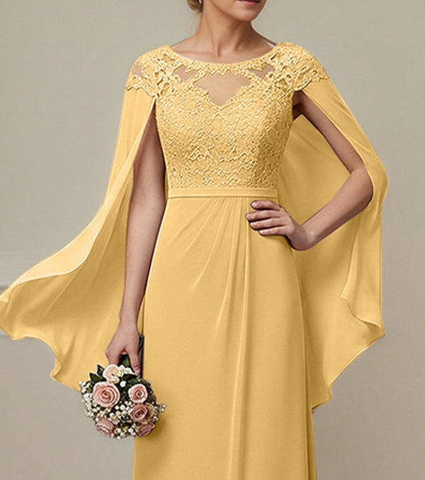 Gold A-line Scoop Illusion Floor-Length Lace Chiffon Mother of the Bride Dress With Appliques