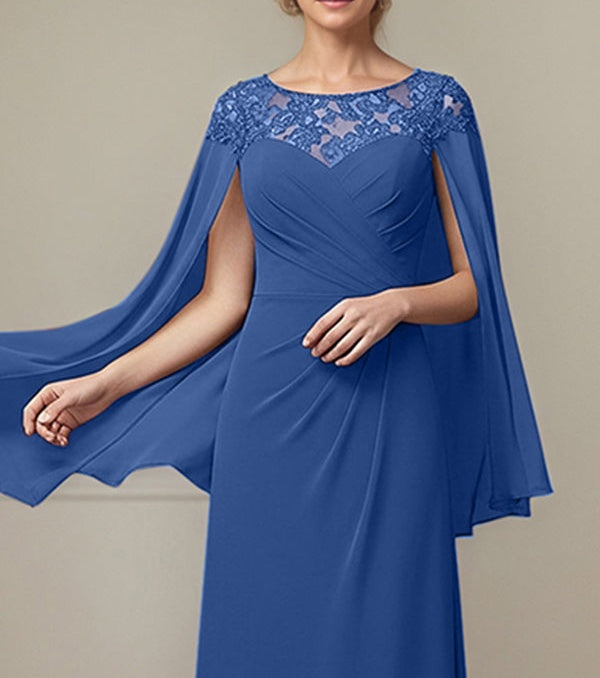 Royal Blue A-line Scoop Illusion Floor-Length Lace Chiffon Mother of the Bride Dress With Pleated