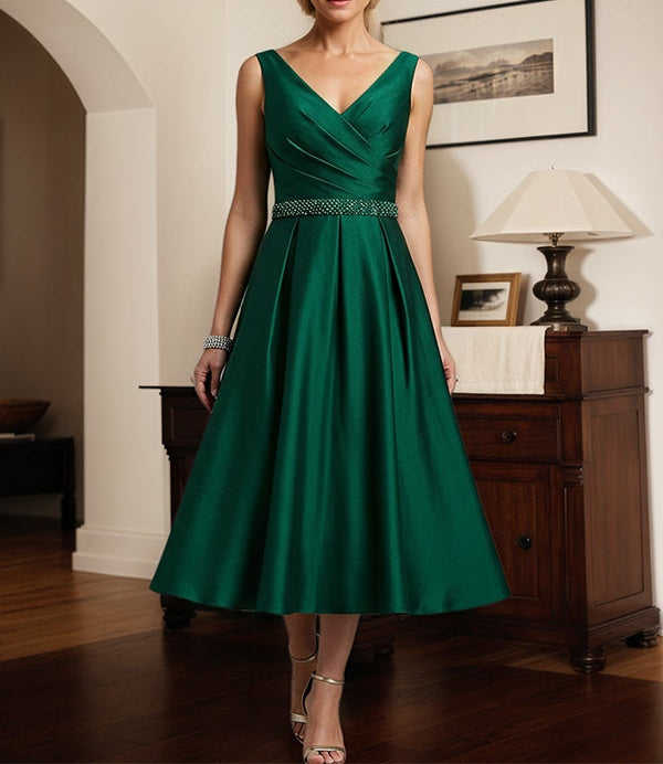 Dark Green A-line V-Neck Tea-Length Satin Mother of the Bride Dress with Pleated