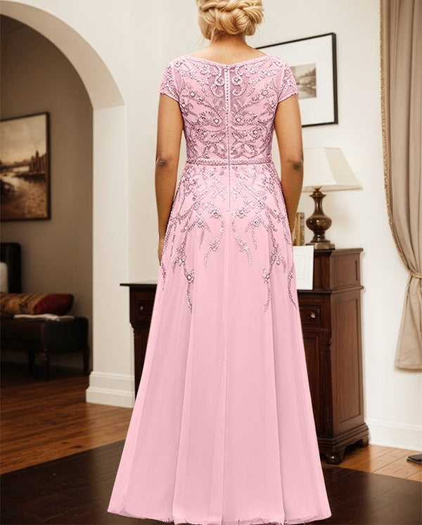 Candy Pink A Line Scoop Neck Chiffon Mother Of The Bride Dress With Appliques