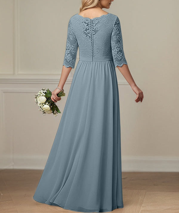 Dusty Blue A Line V-Neck Lace Chiffon Mother Of The Bride Dress With Appliques