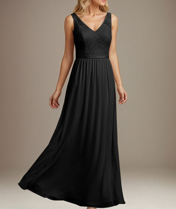 Dusty Blue A-line V Neck Floor-Length Lace Chiffon Mother of the Bride Dress