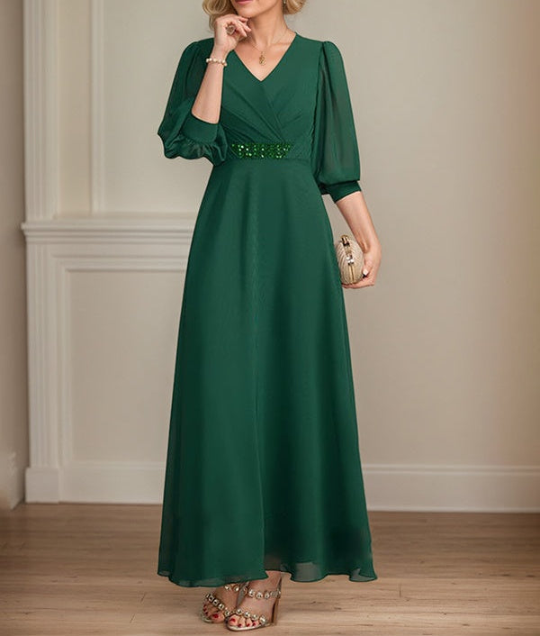 A-line V-Neck Ankle-Length Chiffon Mother of the Bride Dress With Pleated Sequins Beading