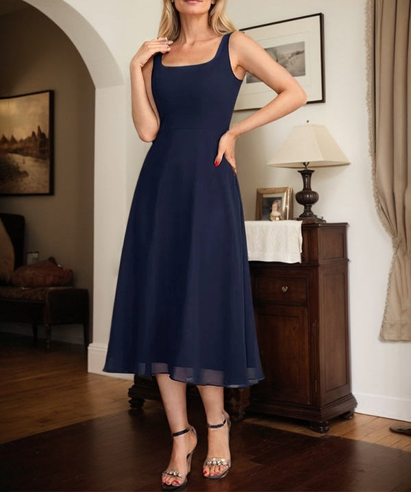 A-line Square Tea-Length Chiffon Mother of the Bride Dress