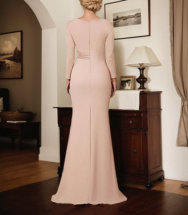 Elegant Blush Satin Sheath Mother of the Bride Dress with Long Sleeves