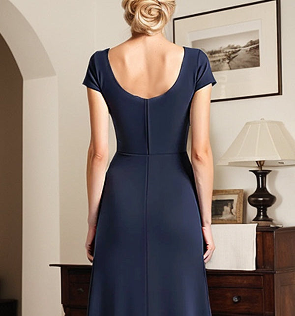 Navy Square Neck Long Mother of the Bride Dress with Bowknot