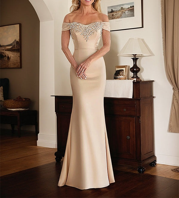 Elegant Champagne Mermaid Off The Shoulder Mother of the Bride Dress with Lace