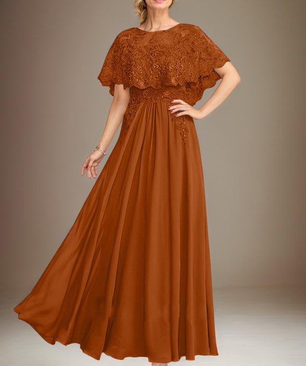 A-line Boat Neck Floor-Length Lace Chiffon Mother of the Bride Dress With Applique Sequins