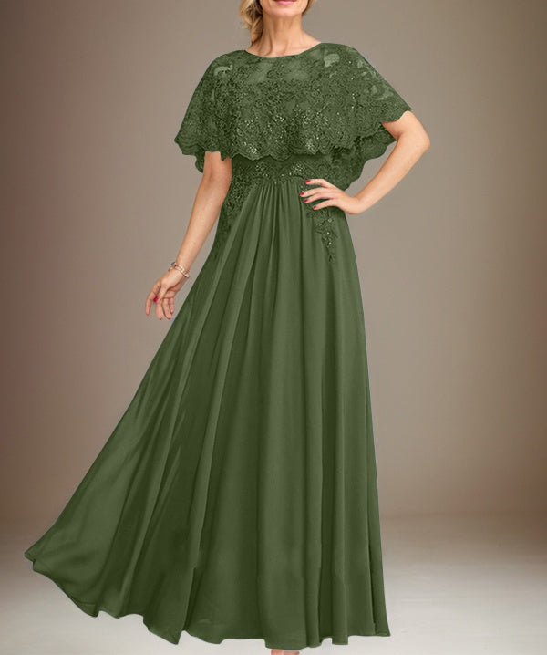 A-line Boat Neck Floor-Length Lace Chiffon Mother of the Bride Dress With Applique Sequins