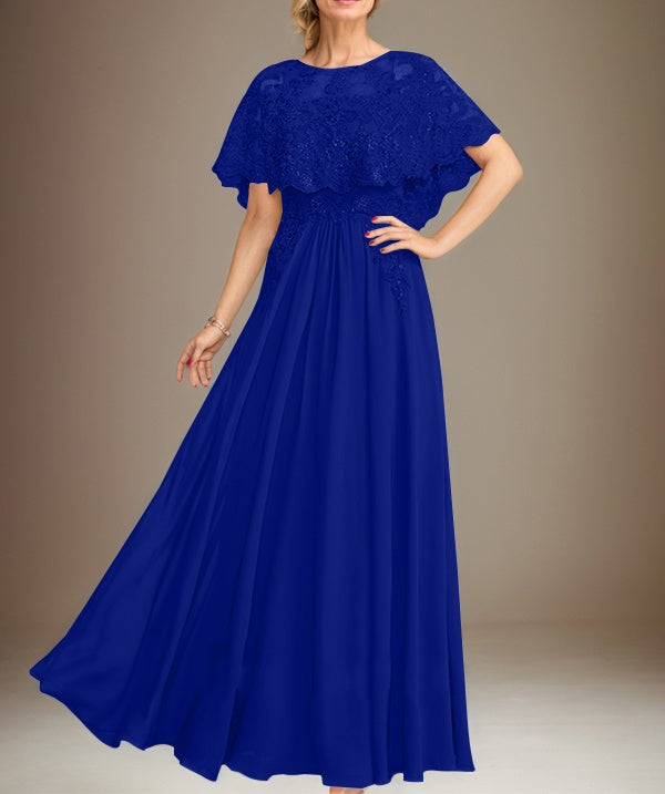 A-line Boat Neck Floor-Length Lace Chiffon Mother of the Bride Dress With Applique Sequins