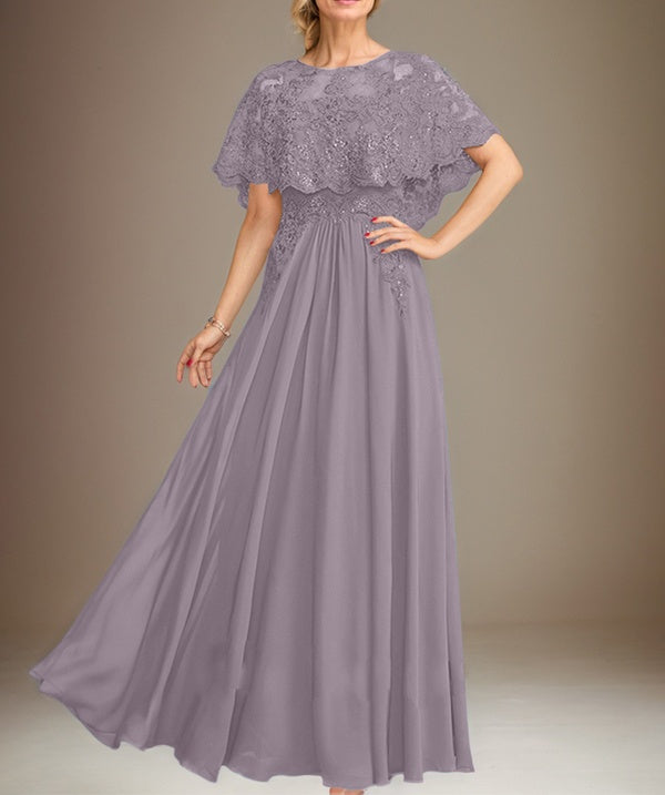 A-line Boat Neck Floor-Length Lace Chiffon Mother of the Bride Dress With Applique Sequins