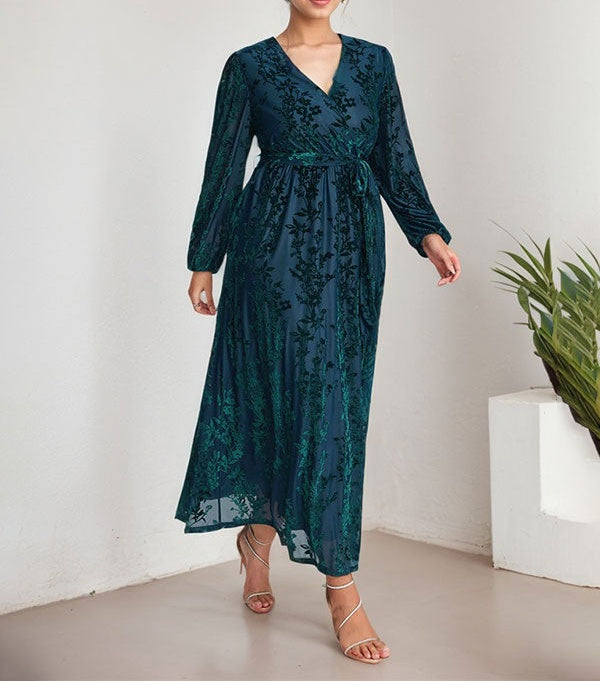 A-Line V-Neck Long Sleeves Velvet Tea-Length Mother of the Bride Dress With Split