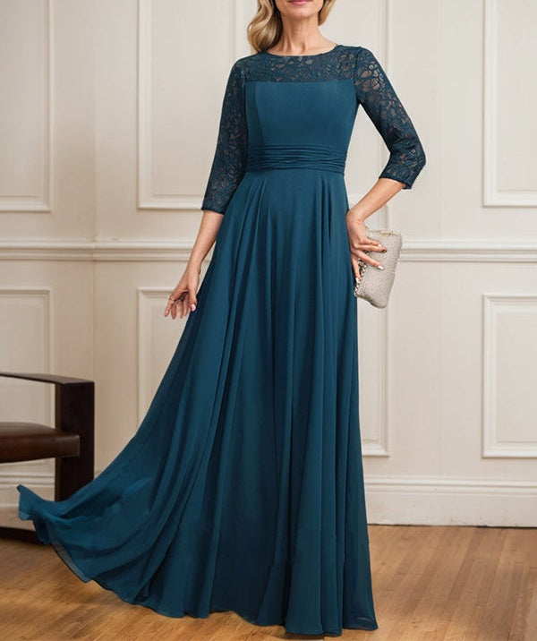 A-line Scoop Illusion Floor-Length Lace Chiffon Mother of the Bride Dress With Pleated