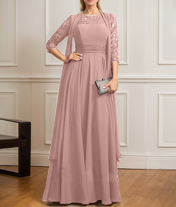 A-line Scoop Illusion Floor-Length Lace Chiffon Mother of the Bride Dress With Pleated