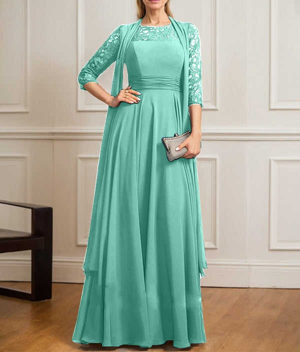 A-line Scoop Illusion Floor-Length Lace Chiffon Mother of the Bride Dress With Pleated
