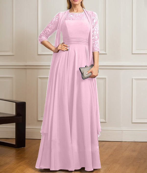 A-line Scoop Illusion Floor-Length Lace Chiffon Mother of the Bride Dress With Pleated