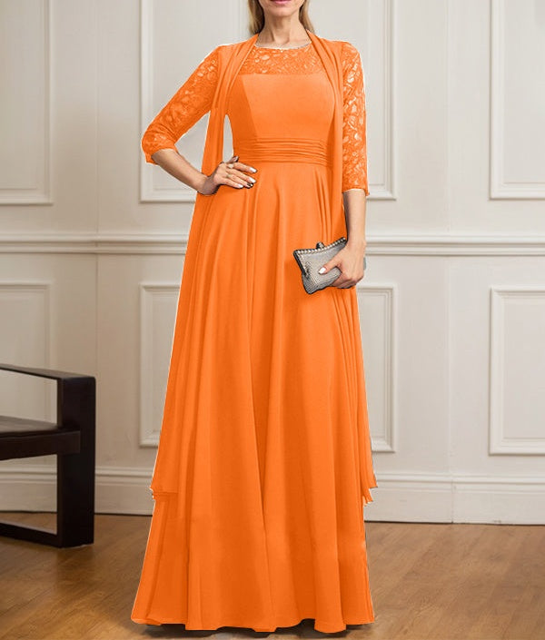 A-line Scoop Illusion Floor-Length Lace Chiffon Mother of the Bride Dress With Pleated