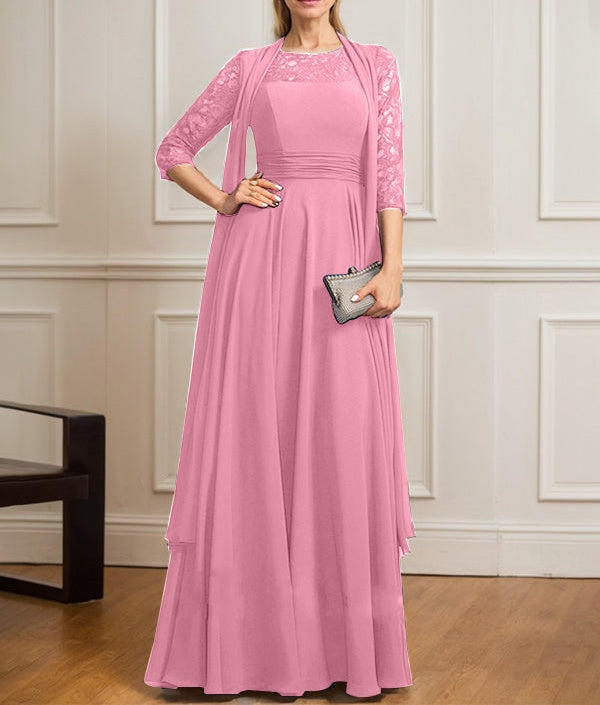 A-line Scoop Illusion Floor-Length Lace Chiffon Mother of the Bride Dress With Pleated