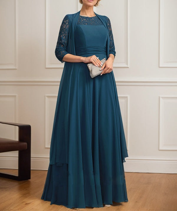 A-line Scoop Illusion Floor-Length Lace Chiffon Mother of the Bride Dress With Pleated