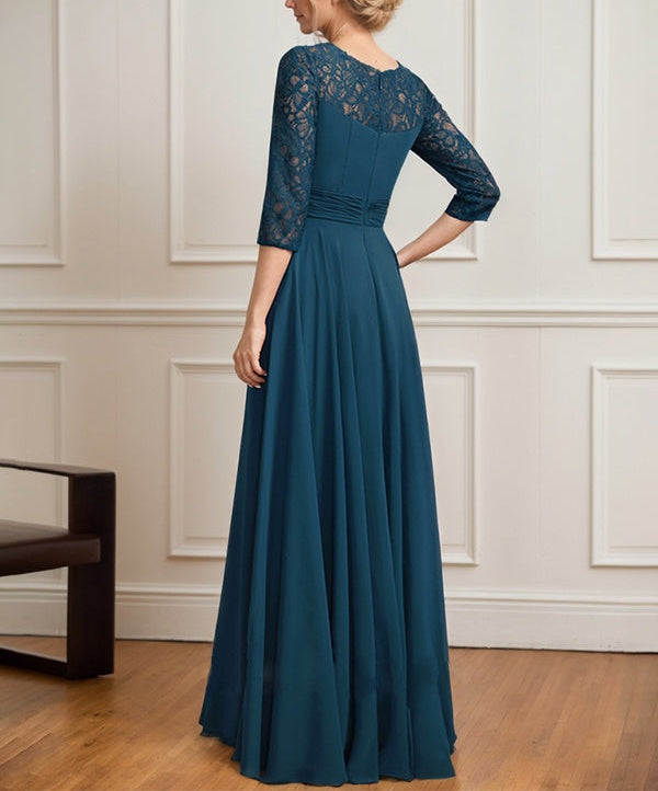 A-line Scoop Illusion Floor-Length Lace Chiffon Mother of the Bride Dress With Pleated