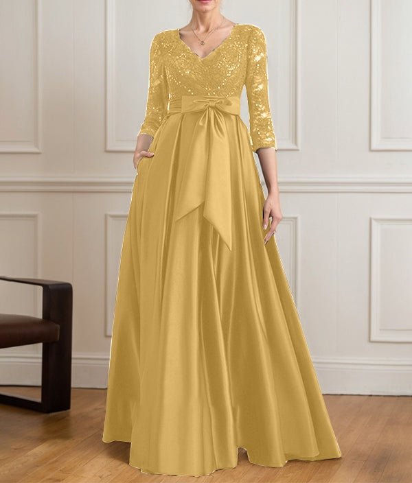 A-line V-Neck Floor-Length Satin Lace Mother of the Bride Dress With Sequins Bow