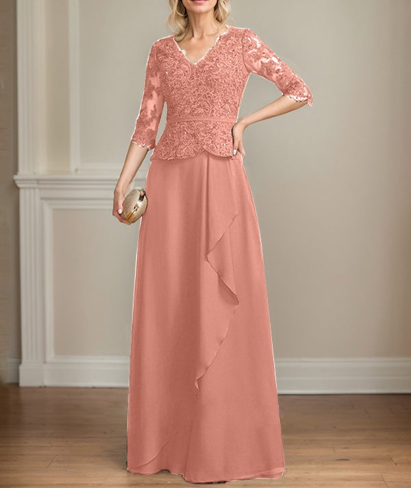 A-line V-Neck Floor-Length Lace Chiffon Mother of the Bride Dress With Cascading Ruffles Sequins