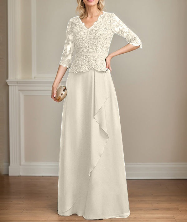 A-line V-Neck Floor-Length Lace Chiffon Mother of the Bride Dress With Cascading Ruffles Sequins