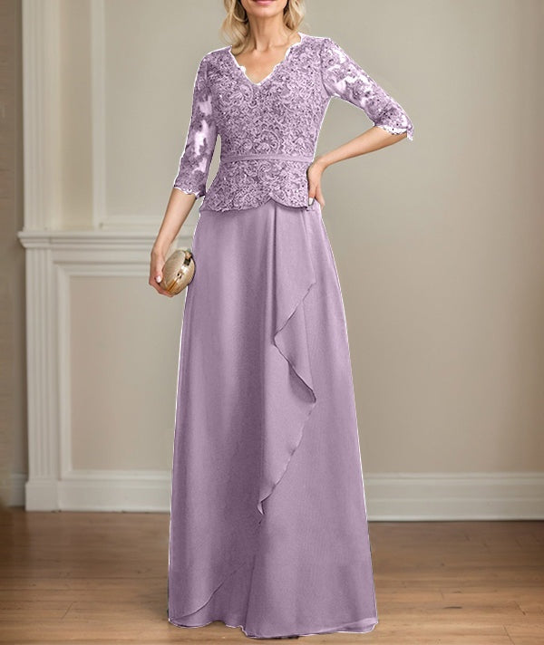 A-line V-Neck Floor-Length Lace Chiffon Mother of the Bride Dress With Cascading Ruffles Sequins
