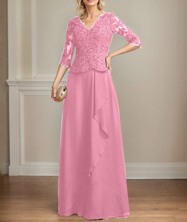 A-line V-Neck Floor-Length Lace Chiffon Mother of the Bride Dress With Cascading Ruffles Sequins