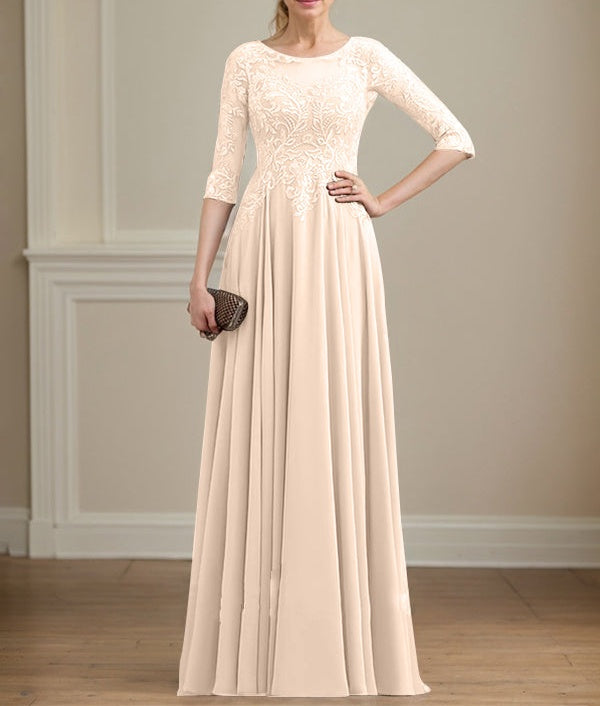 A-line Scoop Illusion Floor-Length Lace Chiffon Mother of the Bride Dress With Sequins