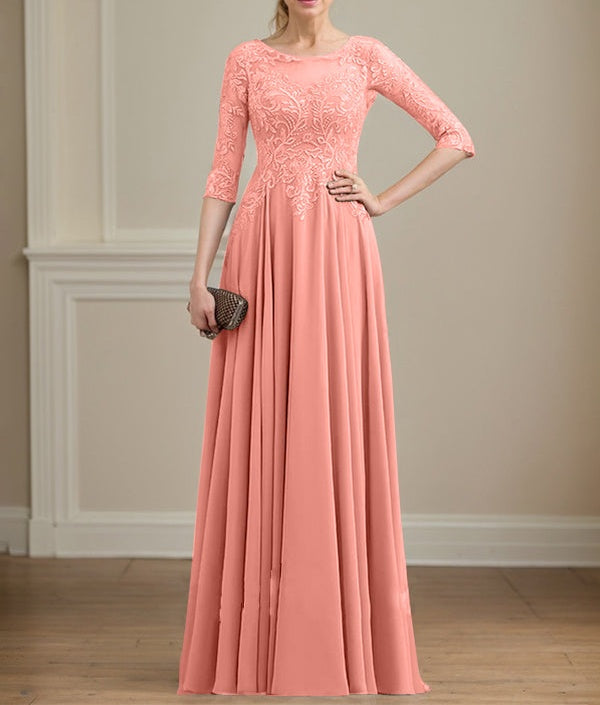 A-line Scoop Illusion Floor-Length Lace Chiffon Mother of the Bride Dress With Sequins