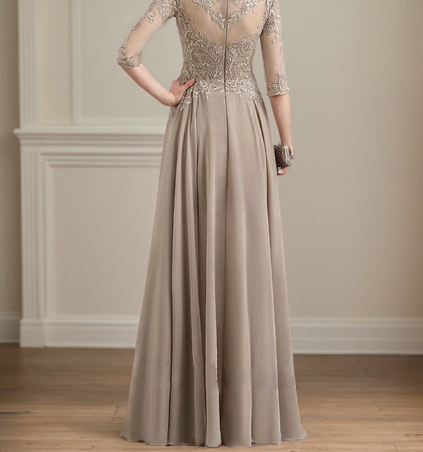 A-line Scoop Illusion Floor-Length Lace Chiffon Mother of the Bride Dress With Sequins