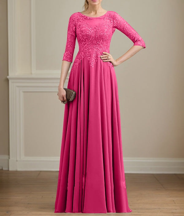 A-line Scoop Illusion Floor-Length Lace Chiffon Mother of the Bride Dress With Sequins