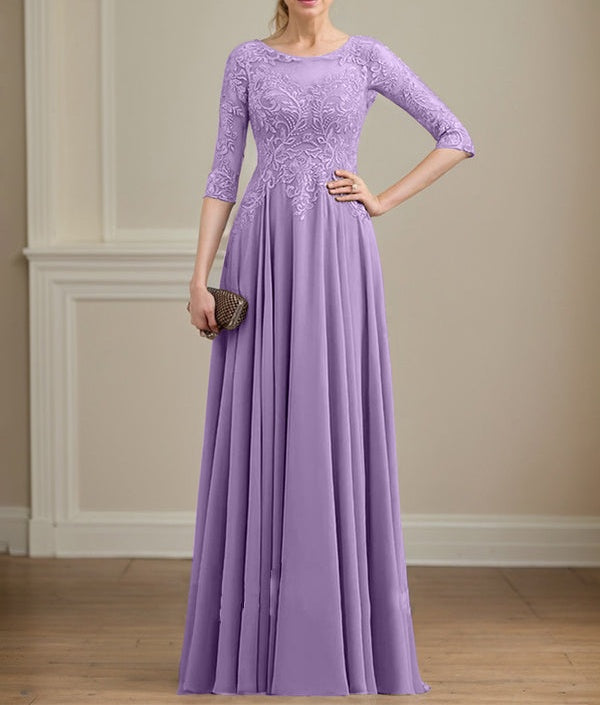 A-line Scoop Illusion Floor-Length Lace Chiffon Mother of the Bride Dress With Sequins