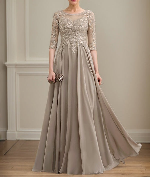 A-line Scoop Illusion Floor-Length Lace Chiffon Mother of the Bride Dress With Sequins