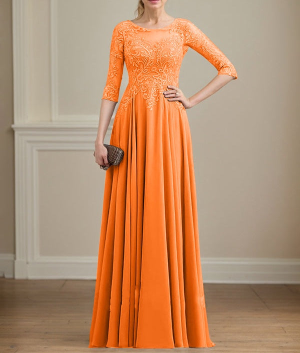 A-line Scoop Illusion Floor-Length Lace Chiffon Mother of the Bride Dress With Sequins