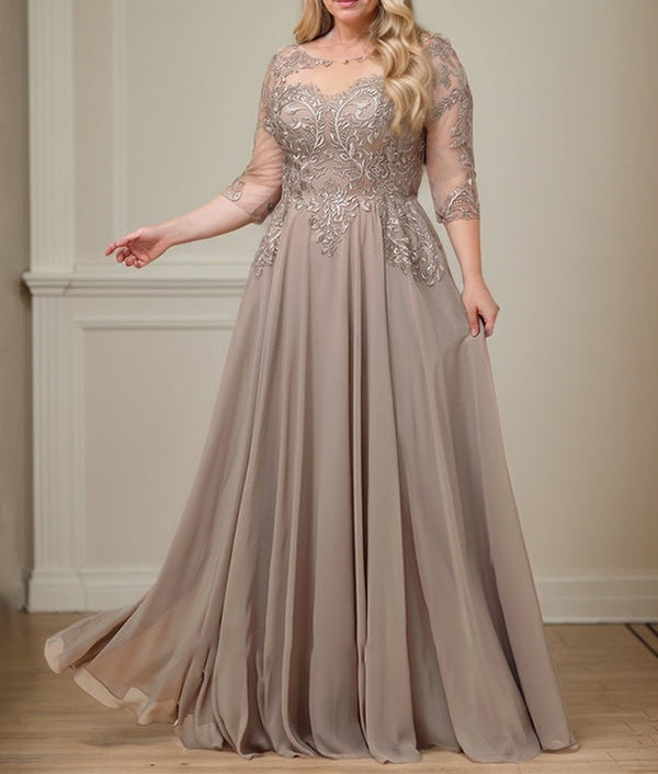 A-line Scoop Illusion Floor-Length Lace Chiffon Mother of the Bride Dress With Sequins
