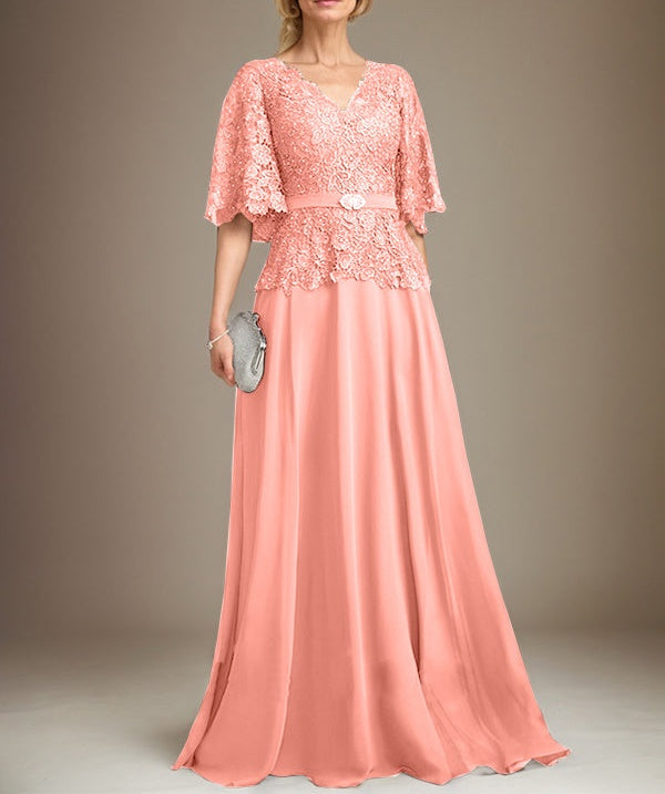 A-line V-Neck Floor-Length Chiffon Lace Mother of the Bride Dress With Crystal Brooch Rhinestone