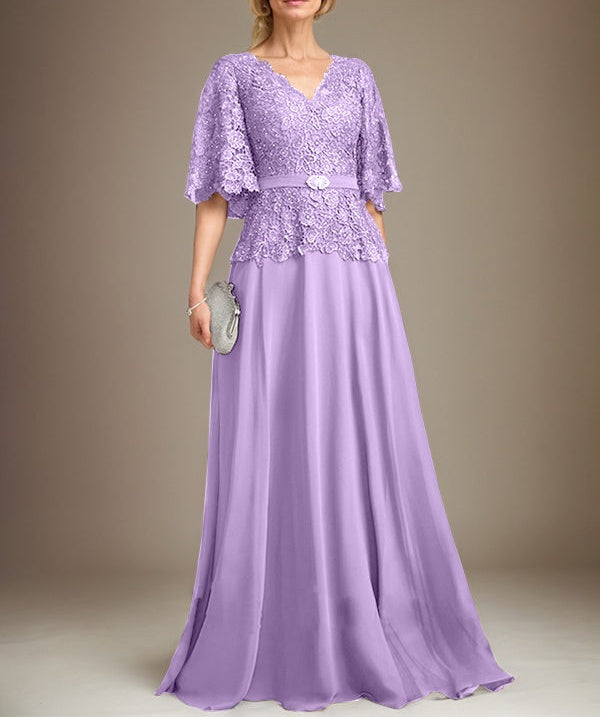 A-line V-Neck Floor-Length Chiffon Lace Mother of the Bride Dress With Crystal Brooch Rhinestone