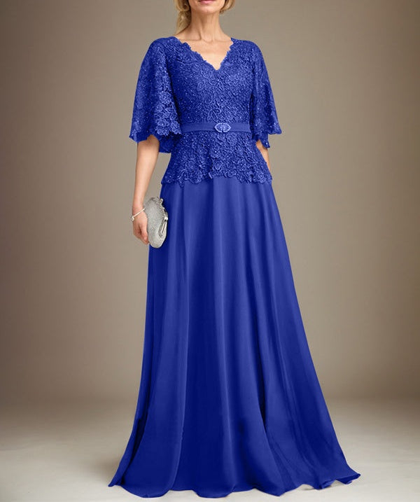 A-line V-Neck Floor-Length Chiffon Lace Mother of the Bride Dress With Crystal Brooch Rhinestone
