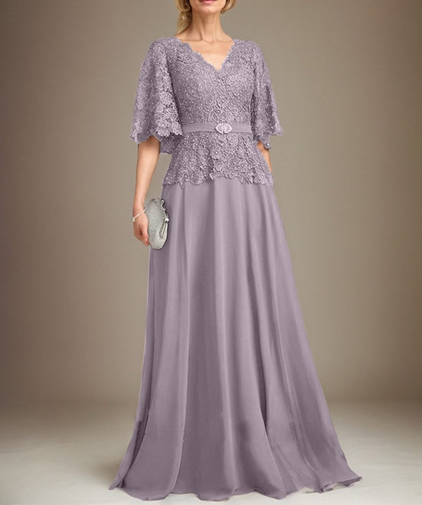 A-line V-Neck Floor-Length Chiffon Lace Mother of the Bride Dress With Crystal Brooch Rhinestone